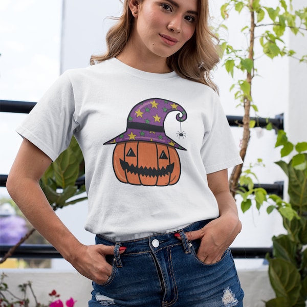 Pumpkin Witch T-Shirt Tee Shirt Cotton Plus Size Halloween Spooky Witchy Creepy Cute Gift Jackolatern Classic Pink Witch Core Spider Stars