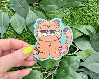 Sitting Orange Cat Sticker Water Proof Bottle Laptop Matte Vinyl Green Laptop Fun Gift Statement Journal Garfield Inspired Comic Cute Stripe