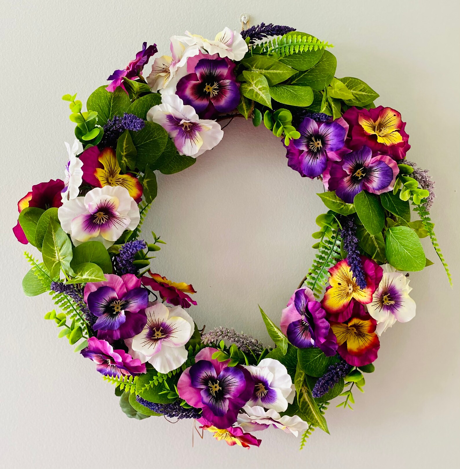 Seasonal SALE 14 pansy wreath on a grapevine frame Etsy
