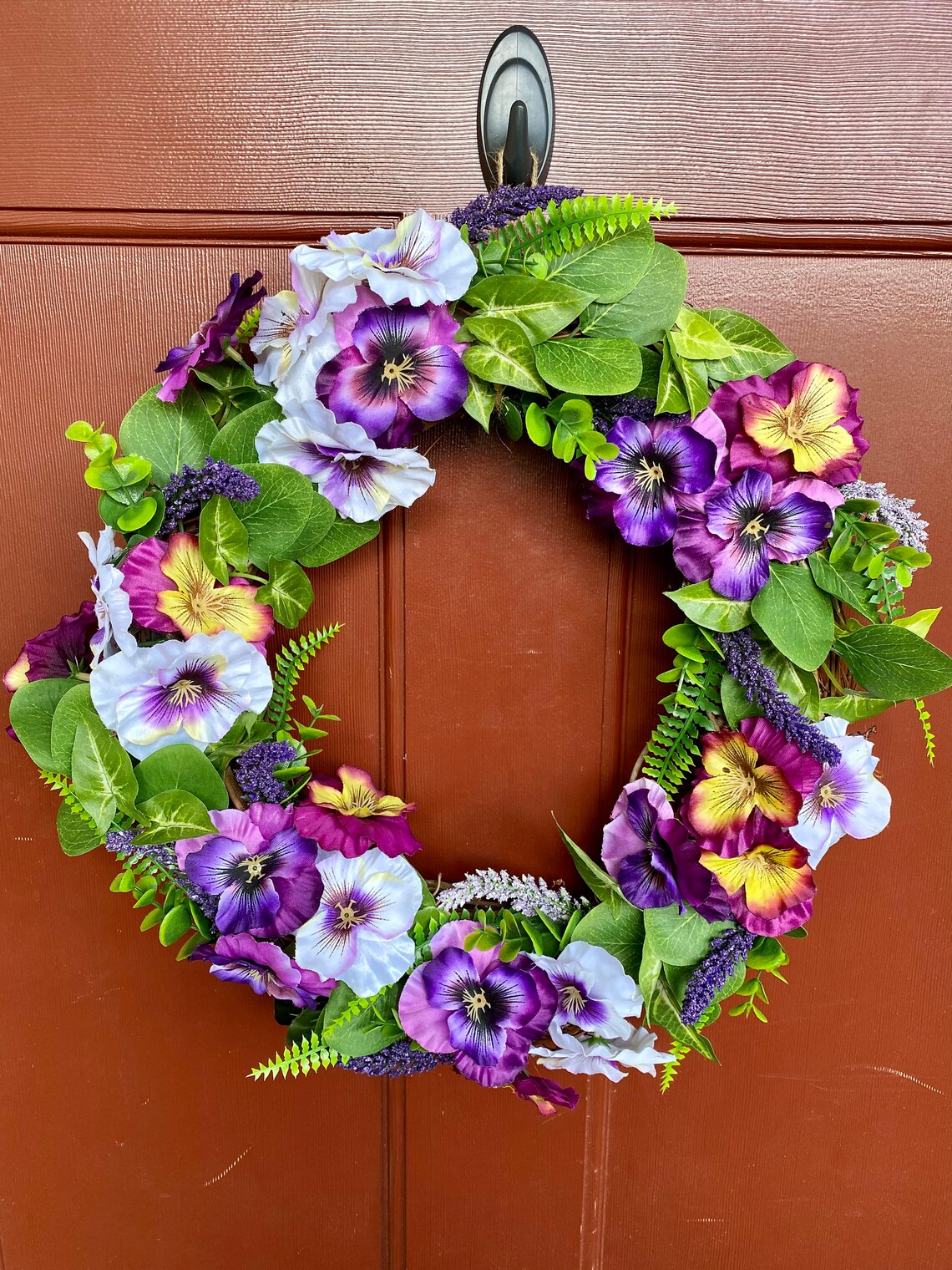 Seasonal SALE 14 pansy wreath on a grapevine frame Etsy