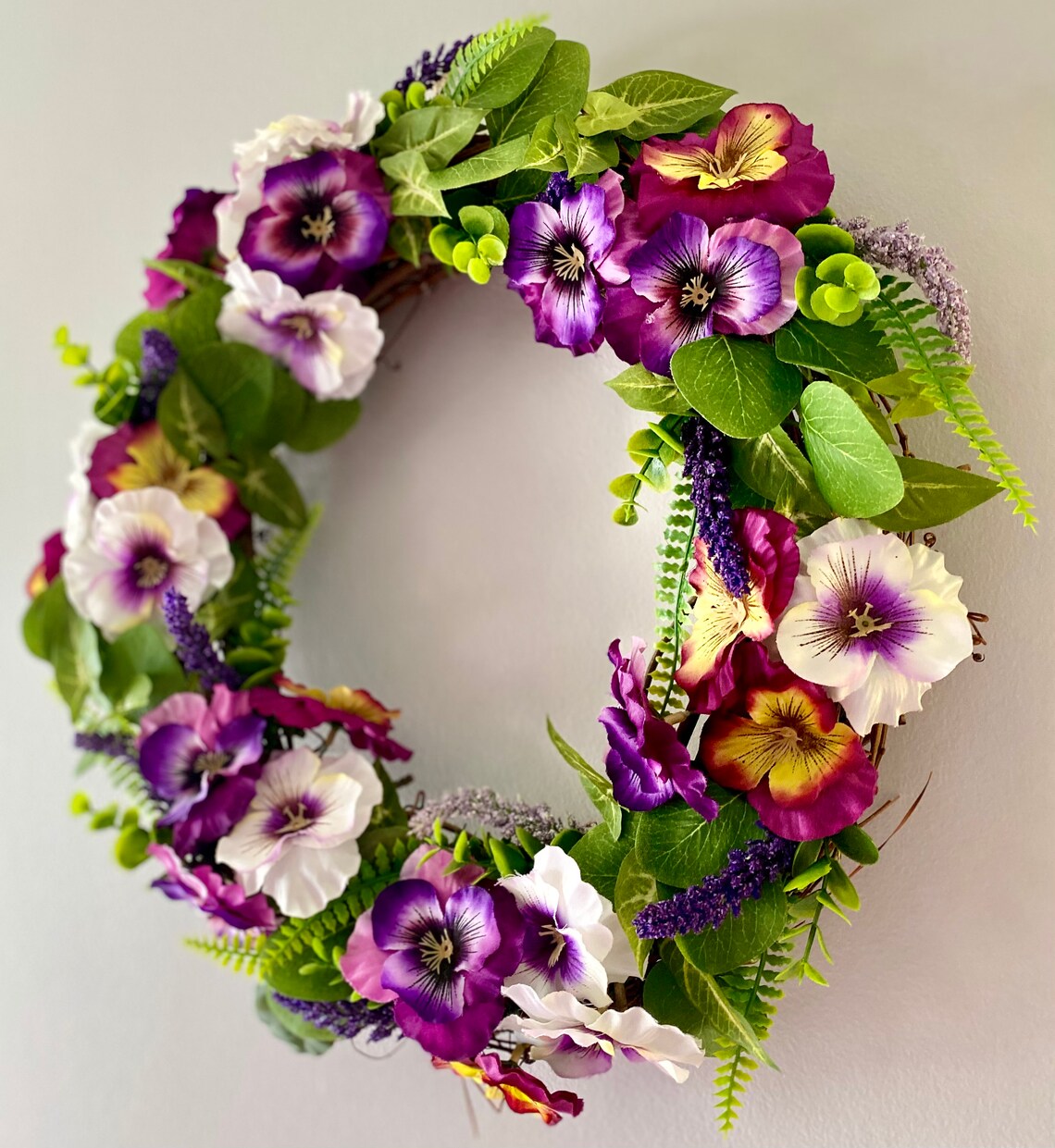 Seasonal SALE 14 pansy wreath on a grapevine frame Etsy
