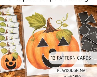 May include: A Pumpkin Shape Matching educational set featuring a large laminated mat with a watercolor pumpkin illustration, 12 pattern cards showing pumpkins with various black geometric shapes, and a collection of black square, triangle, and circle shapes.
