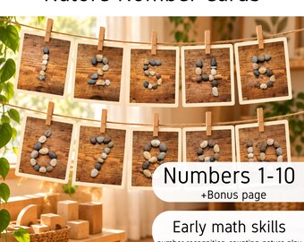 May include: Ten square cards featuring numbers one through ten formed by small grey and brown stones on a wood grain background. The cards are clipped to two horizontal strings. Text on the image reads Nature Number Cards, Numbers 1-10, and Early math skills.