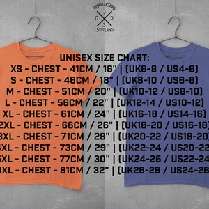 May include: Unisex size chart for t-shirts with measurements in inches and centimeters. The chart shows chest measurements in inches and centimeters, as well as corresponding UK and US sizes. The chart is printed on two t-shirts, one orange and one blue.