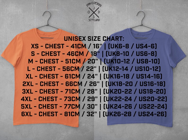 May include: Unisex size chart for t-shirts with measurements in inches and centimeters. The chart shows chest measurements in inches and centimeters, as well as corresponding UK and US sizes. The chart is printed on two t-shirts, one orange and one blue.