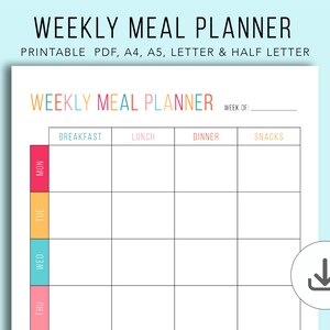 Weekly Meal Planner, Printable PDF, Meal Prep, Menu Planner, Meal Planner Insert, Meal Plan, A4 , A5, Letter, Half Size