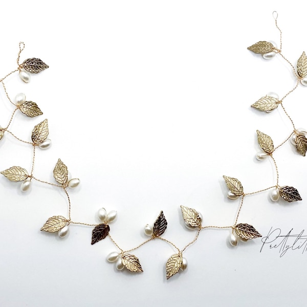 Delicate gold pearl leaf hair vine | elegant dainty bridal bridesmaid wedding hair band accessories | Womens flower girls christening party