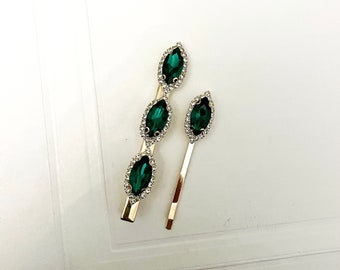 2 Crystal Emerald Green Hair Slides, Elegant Bridal Wedding Bobby Pin, Bridesmaid Hair Decor, Prom Party Christmas Do Work Accessories Gift