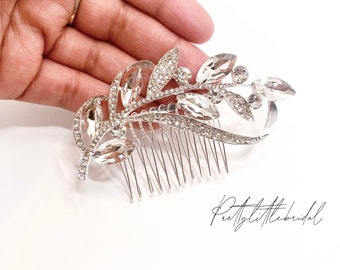 Silver rhinestone leaf hair clip | elegant diamanté bridal flower hair slide  | crystal Bridesmaid flower girl guest hair wedding party prom