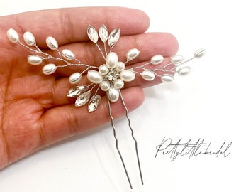 diamanté pearl flower hair pin | elegant rhinestone barrette | crystal bridal bridesmaid wedding hair accessories | Womens flower girls gift