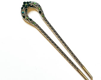 Silver Green U Shape Hair Pin | Vintage Retri Hair Fork | Elegant Bun Holder Tool | Gift For Her |  Womens Hair Accessories | Bridal Prom