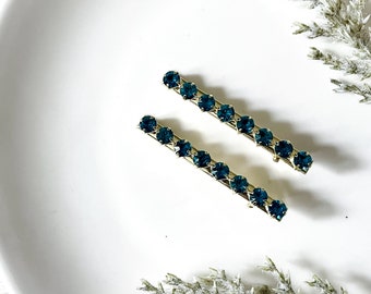 2 piece blue gold diamanté hair slide | elegant rhinestone bobby pin | bridal bridesmaid wedding hair pins