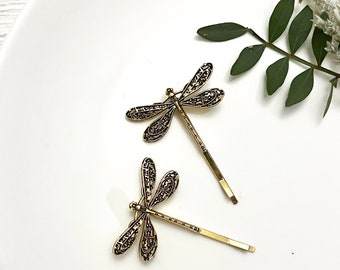 2 Bronze Gold Dragon Fly Hair Slides, Boho Bridal Hair Pin, Vintage Hair Clip,  Prom Party Christening Hair Accesories, Gift For Her