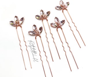 5 Rose gold diamanté flower hair pins | elegant rhinestone clips | crystal bridal bridesmaid wedding guest hair accessories | dainty pretty