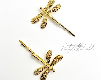 2 Gold antique plates dragon fly hair slide | boho trendy bridal wedding hair clip | elegant minimal bobby pin | party prom guest races