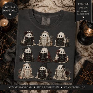 May include: A charcoal gray t-shirt featuring a graphic print of nine white ghosts, each reading a different book with titles including From Blood and Ash, A Kingdom of Flesh and Fire, The Crown of Gilded Bones, A Shadow in the Ember, and A Fire in the Flesh.