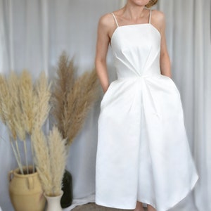 Elegant satin structured midi with pockets | Minimal | Wedding/wedding party evening dress | Ivory