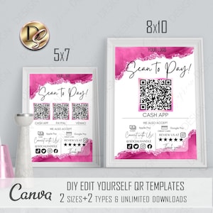 May include: Two framed pink and white "Scan to Pay" signs with QR codes, 5x7 and 8x10 inches. The signs include payment options: Cash App, PayPal, and Venmo. The signs also say "We Also Accept" Apple Pay and Google Pay.