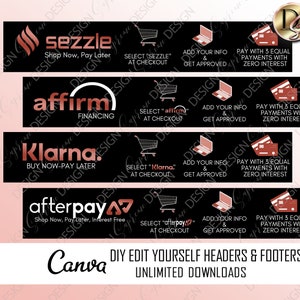 Szablony banerów płatniczych, Afterpay, Sezzle, Klarna, Quadpay, nagłówek stopka, szablony banerów internetowych, zestaw slajdów banerów internetowych, nagłówek Shopify