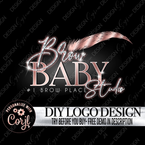 Brow Logo template, Microblading Logo, Premade Eyebrow Logo, Editable Micro blading Makeup Artist Logo, DIY Neon glitter Brow Logo design