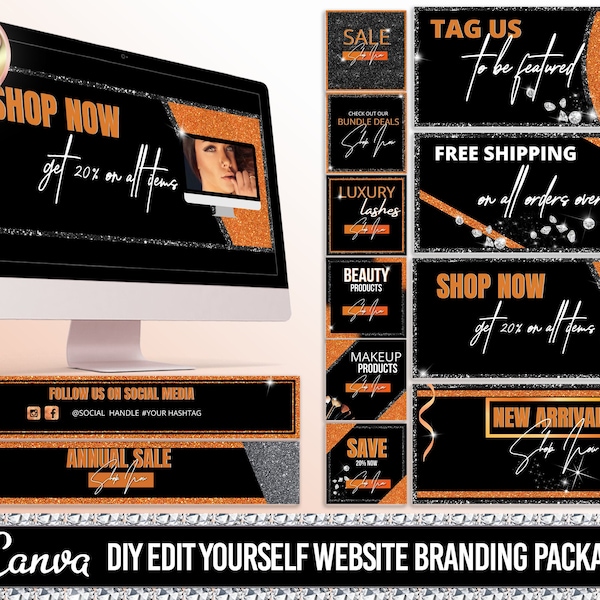 DIY WEB BANNER Set, Website banner category, Shopify Banners, Slide Show Banners, Hair, Lashes, Beauty, Nails, Wigs banner kit template