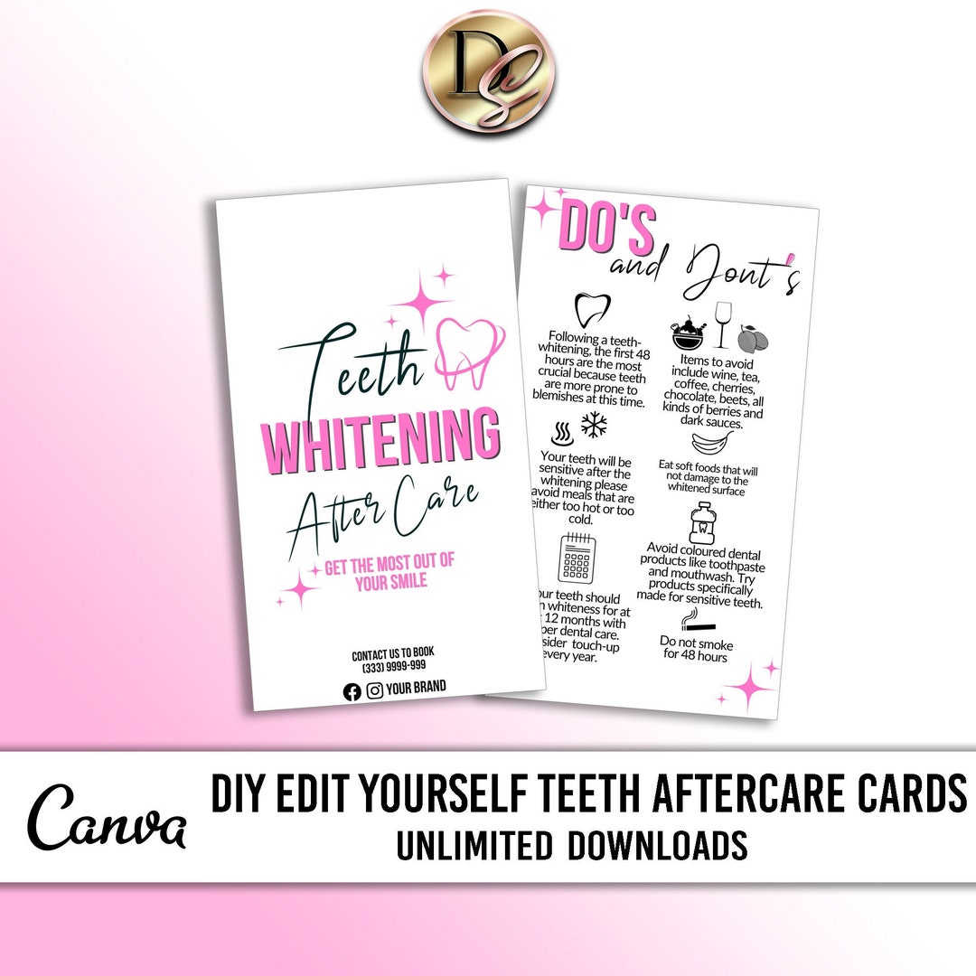 Teeth Whitening Aftercare Card, Printable Teeth Whitening Care Template, Editable Teeth ...