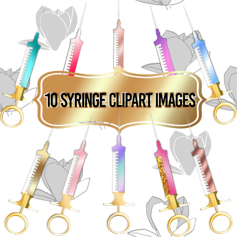 Pode incluir: Dez imagens clipart de seringas coloridas com detalhes dourados. As seringas est&atilde;o penduradas em cordas com uma faixa dourada que diz "10 IMAGENS CLIPART DE SERINGAS".