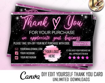 Thank you cards business, thank you business cards, thank you for your order, editable printable thank you card, glitter modern insert card