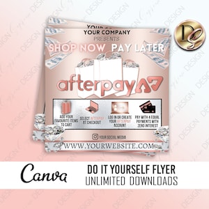 Puede incluir: Un folleto en oro rosa y blanco que promociona Afterpay, con bolsas de compras, diamantes y billetes. El texto incluye "Shop Now Pay Later" e instrucciones. También muestra una dirección web e información de redes sociales.