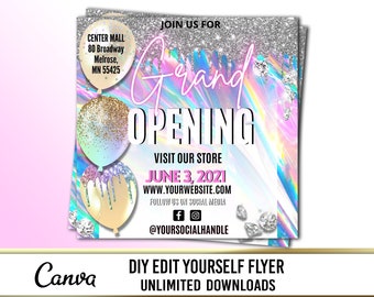 Folleto de gran inauguración, diseño de volante de negocios, publicación editable en redes sociales, diseño de volante de apertura de tienda, volante de celebración, boutique de belleza y cabello