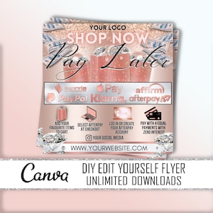 Puede incluir: Un folleto rosa y dorado con el texto "Shop Now Pay Later" y logotipos para varias opciones de pago, incluidas PayPal, Klarna, Afterpay, Affirm y Sezzle. El folleto también incluye información sobre cómo usar estas opciones de pago y una dirección de sitio web.