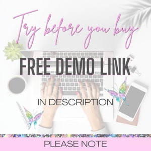May include: A person is typing on a laptop computer with the text "FREE DEMO LINK IN DESCRIPTION" on the screen. The image also includes a succulent plant, a coffee cup, a smartphone, and a notebook.