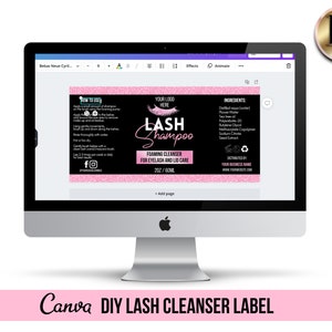 May include: A black and pink label template for lash shampoo. The label features the text "LASH shampoo" in a pink and white font with a pink glitter background. The label also includes instructions for use, ingredients, and a space for a business name and website.
