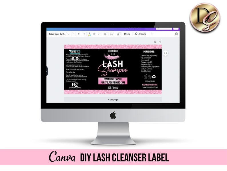 May include: A black and pink label template for lash shampoo. The label features the text "LASH shampoo" in a pink and white font with a pink glitter background. The label also includes instructions for use, ingredients, and a space for a business name and website.