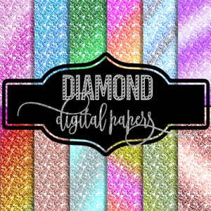 May include: A set of 10 digital papers featuring a diamond pattern in various colours, including pink, blue, green, and orange. The papers are ideal for crafting, scrapbooking, and digital design projects. The text "DIAMOND digital papers" is displayed on a black banner.