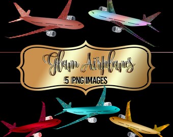 Airplane Clip Art, Airplane Graphic PNG, Airplane digital illustration, Plane Bundle PNG Files, Glitter Airplane clipart, instant download