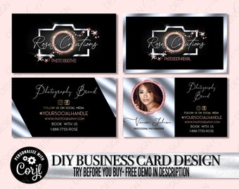 Projekt wizytówki fotograficznej, gotowy szablon wizytówki fotografa, edytowalna wizytówka aparatu fotograficznego, projekt karty Photo Booth