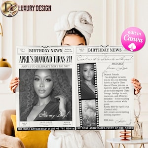 Editable Newspaper Birthday Party Invitation Template (Canva Template)