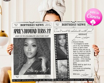 Editable Newspaper Birthday Party Invitation Template (Canva Template)