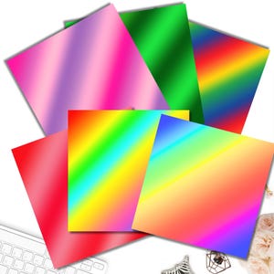 Puede incluir: Seis papeles con diferentes patrones de degradado en varios colores, incluyendo rosa, verde, rojo, azul, amarillo y naranja. Los papeles est&aacute;n dispuestos en forma de abanico.