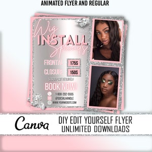 Wig Install Specials Flyer, Book Now Sale Bundles Wigs Flyer design, DIY Hair Salon Appointment Editable Price list Flyer Template