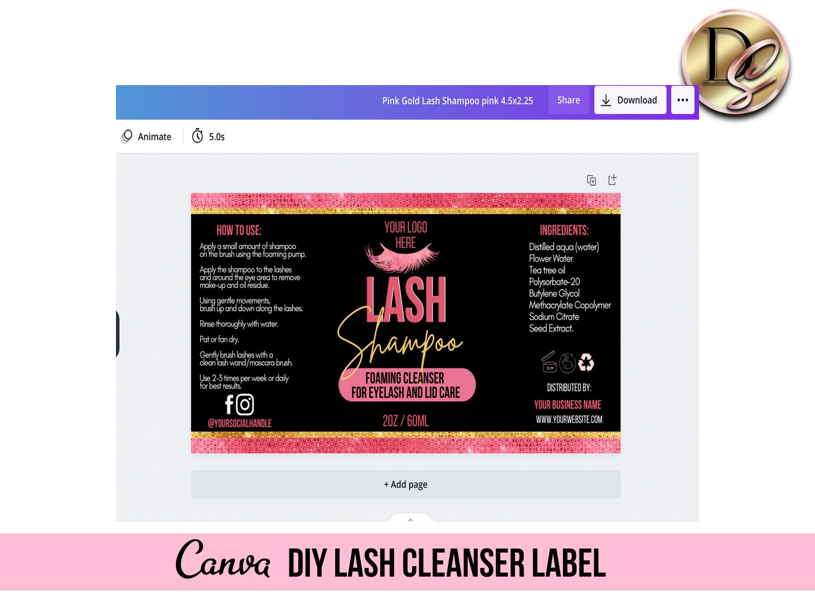 LASH PRODUCT LABEL Design Lash Shampoo Label template Diy Etsy