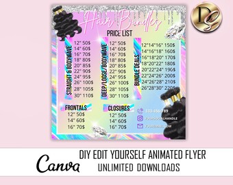DIY Hair Collection Price List Flyer, Hair Pricing List Flyer,Pricelist Flyer,Hair Bundles Flyer,Social Media Branding,Wig Flyer holographic