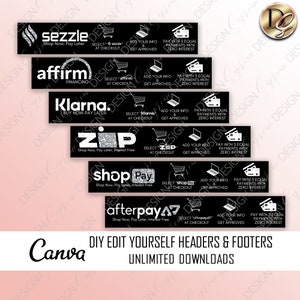 Puede incluir: Un diseño gráfico en blanco y negro con logotipos de populares opciones de pago en línea, incluyendo Sezzle, Affirm, Klarna, Zip, Shop Pay y Afterpay. Los logotipos se muestran en una pila vertical con el texto "DIY Edit Yourself Headers & Footers" y "Unlimited Downloads" en la parte inferior.