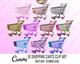 Shopping Cart Clipart, Grocery Shop Trolley Clip art, Glitter Fashion Clip Art, Sparkle Design Elements, Rainbow Diamond Holographic Digital