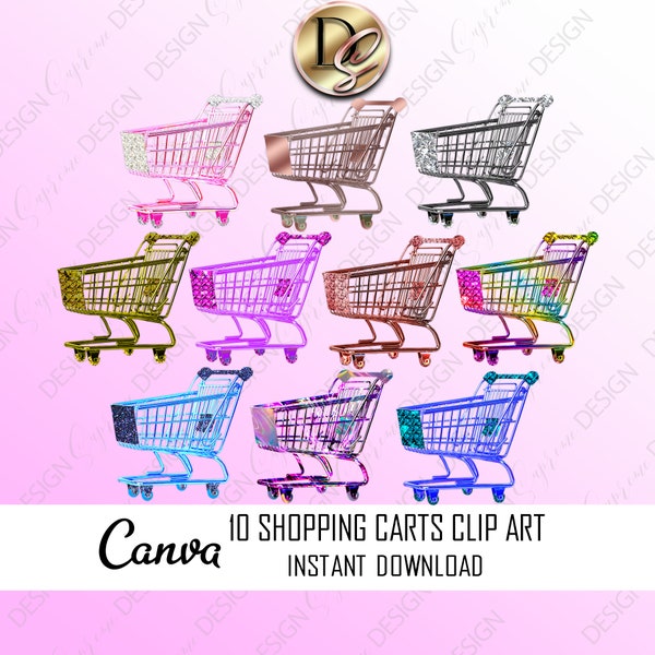 Shopping Cart Clipart, Grocery Shop Trolley Clip art, Glitter Fashion Clip Art, Sparkle Design Elements, Rainbow Diamond Holographic Digital