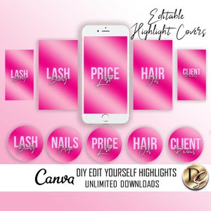 May include: Editable highlight covers for social media. Pink gradient background with text overlays for "Lash Beauty", "Nails", "Price List", "Hair Oils", and "Client Reviews".