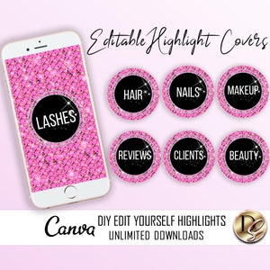 May include: Editable highlight covers for Instagram with a pink glitter background. The covers feature black circles with white text, including "LASHES", "HAIR", "NAILS", "MAKEUP", "REVIEWS", "CLIENTS", and "BEAUTY".