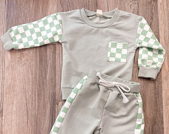 Baby Clothes for Boy Plaid Outfit for Girls Long Sleeved Sports Shirt Checkered Print Elastic Waist Pants Race Day Outfit for Kids Motocross