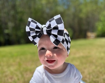 Checkered Bow, Race Bow, Checkered Flag Bow, Baby Headband, Baby Bow, Big Bow, Dirt Bike Baby, Motocross, Black White, Headwrap ,Race Day